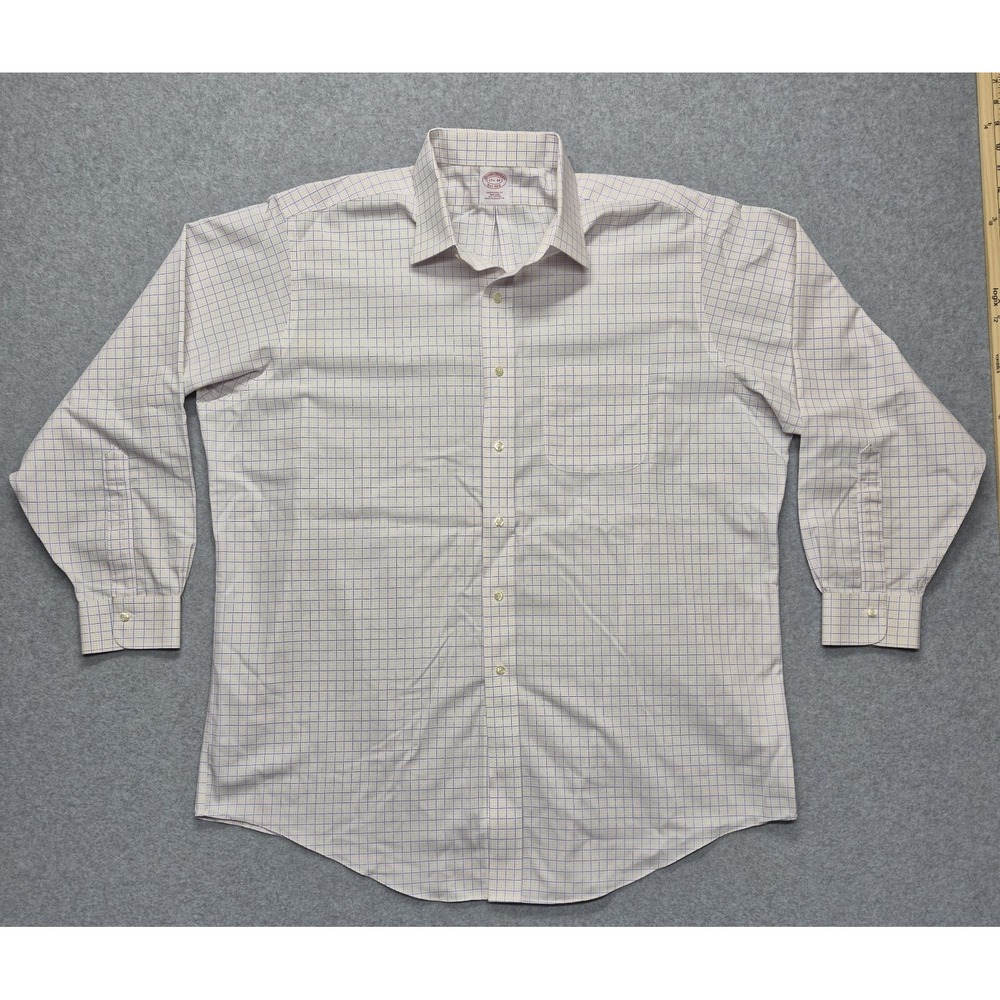 Brooks Brothers Shirt Mens 17.5 34 White Traditional Fit Plaid Cotton Button Up